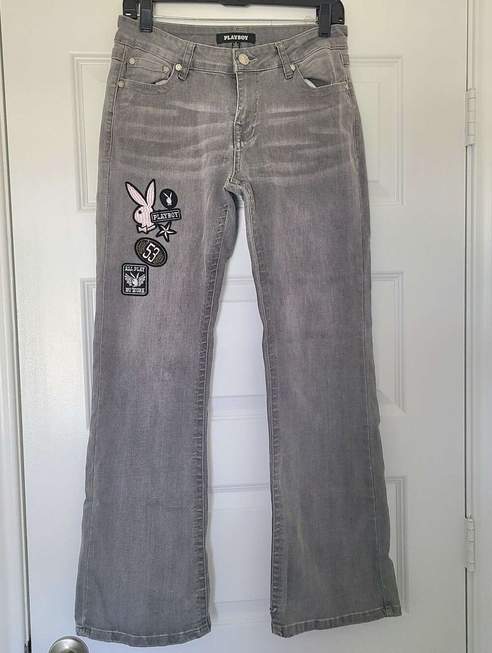 Vintage Playboy Womans Jeans Pink Bunny Logo Y2K Ligh Grey  Flare Leg Sz 28x30